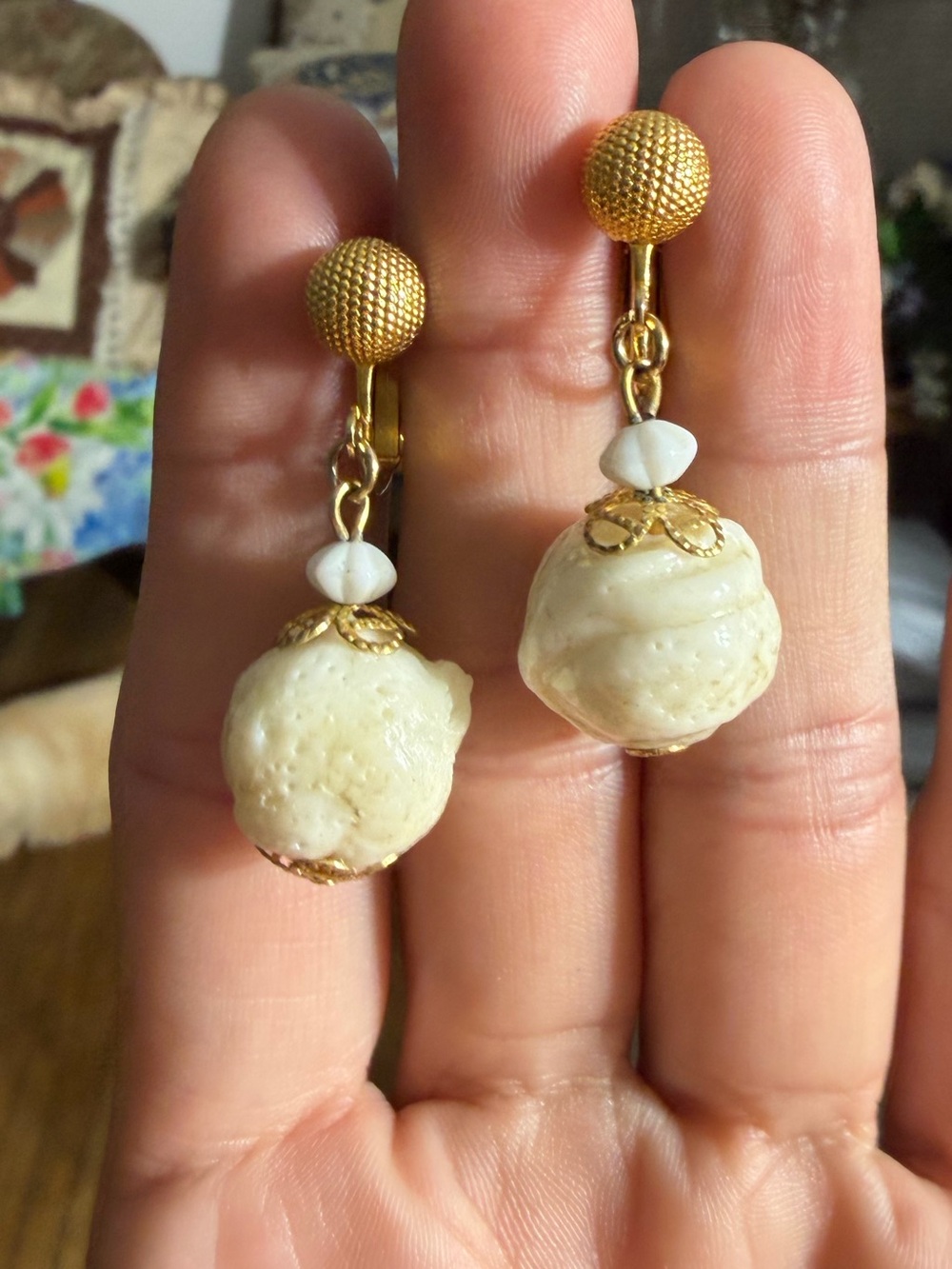 Vintage HOBE Gold Tone Cream Dangle Earrings